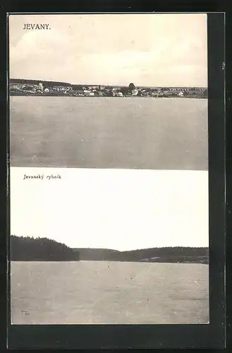 AK Jevany, Stadt vom See aus gesehen