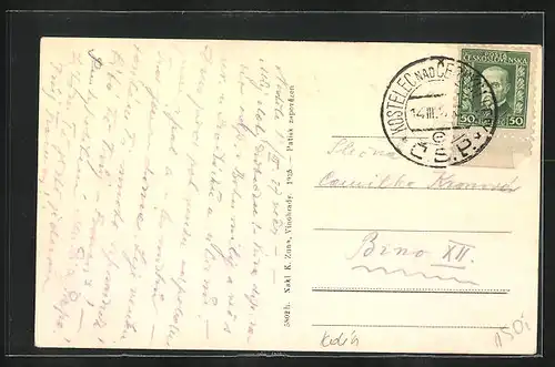 AK Kostelec n. C. Lesy, Hauptplatz mit Kirchturm