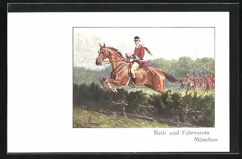 Künstler-AK München, Reit- und Fahrverein, Jockey springt mit seinem Pferd über ein Hindernis
