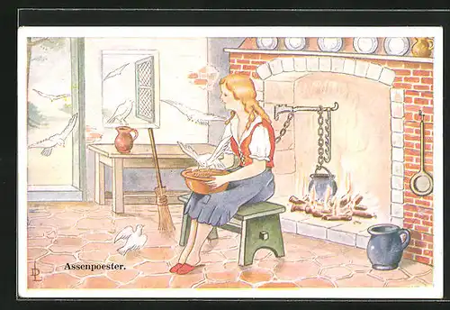 AK Aschenputtel sitzt am Feuer und sortiert die Erbsen und Linsen mit der Hilfe der Tauben, Märchen
