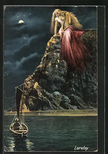 AK Loreley sitzt im Mondschein auf dem Felsen und betört den Fischer in seinem Boot