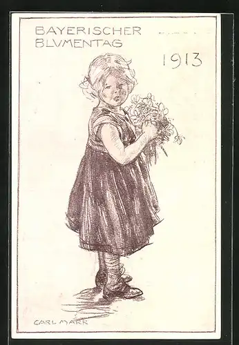 AK Mädchen mit Blumen in der Hand, Bayerischer Blumentag 1913, Ganzsache