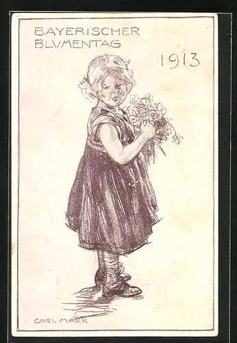 AK Mädchen mit Blumen in der Hand, Bayerischer Blumentag 1913, Ganzsache