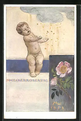 AK Kleinkind sammelt Münzen, die vom Himmel fallen, Heckenrosentag 1912, Blumentag