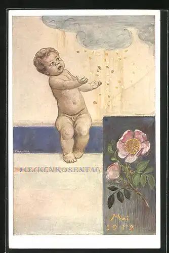 AK Kleinkind sammelt Münzen, die vom Himmel fallen, Heckenrosentag 1912, Blumentag, Ganzsache