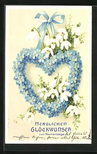 Präge-AK Blütenherz mit Schneeglöckchen, Glückwunsch zum Namenstag! Blumenbild
