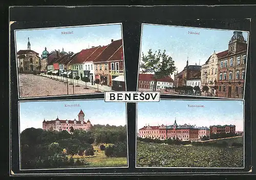AK Beneschau / Benesov, Vier Ansichten aus dem Ort