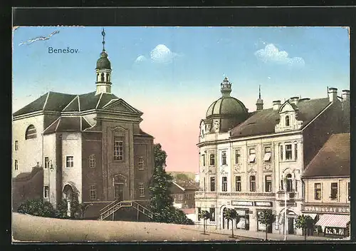 AK Beneschau / Benesov, Kirche und Geschäfte