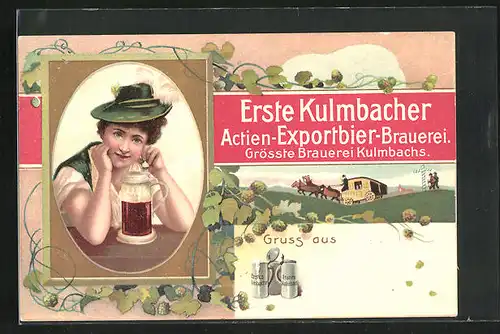 AK Junge Frau mit Bierkrug, Erste Kulmbacher Actien-Exportbier-Brauerei