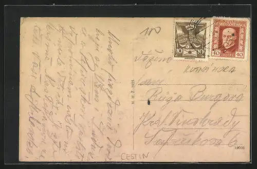 AK Cestin, Ortsansicht mit Kirche auf dem Berg