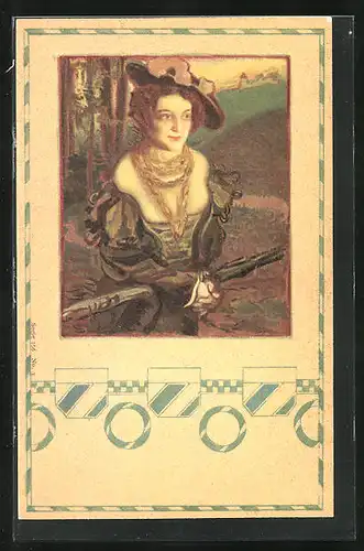 Künstler-AK Frau im tollen Outfit, Jugendstil