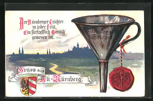 AK Nürnberg, Panorama, Nürnberger Trichter und Wappen