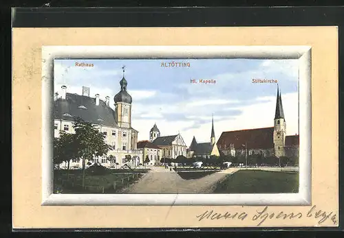 AK Altötting, Ortspartie mit Rathaus, Hl. Kapelle und Stiftskirche
