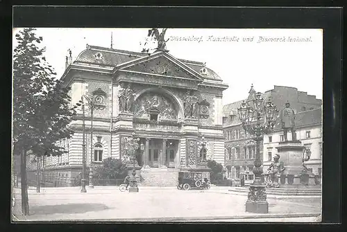 AK Düsseldorf, Kunsthalle und Bismarckdenkmal