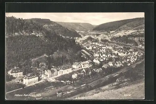 AK Calw, Ortsansicht, Höhere Handelsschule aus der Vogelschau