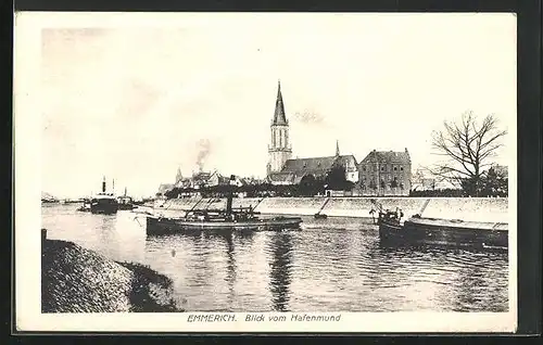 AK Emmerich, Blick vom Hafenmund, Dampfer an der Anlegestelle, Blick zur Kirche