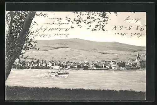 AK Oestrich a. Rh., Ortsansicht vom Rhein aus gesehen, Dampfer auf dem Fluss