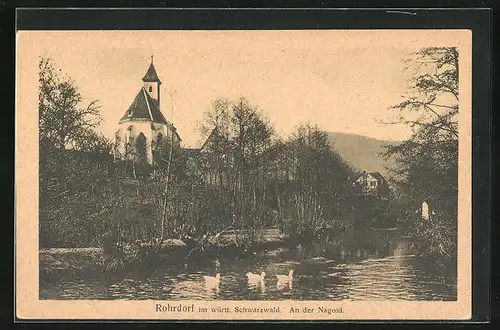 AK Rohrdorf / Schwarzwald, Partie an der Nagold, Blick zur Kirche