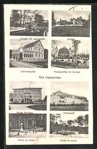 AK Bad Lippspringe, Kursaal mit Lippequelle, Marienstift, Musikpavillon im Kurbad, Liboriusquelle, neues Kurhaus