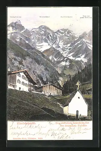 AK Einödsbach, Dorfpartie mit Bergpanorama Trettachspitze, Mädele-Gabel und Berg der guten Hoffnung