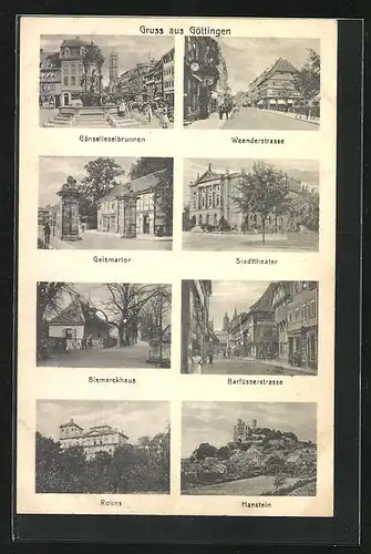 AK Göttingen, Weenderstrasse, Stadttheater, Barfüsserstrasse, Gänselieselbrunnen, Geismartor, Bismarckhaus, Rohns, Hanstein