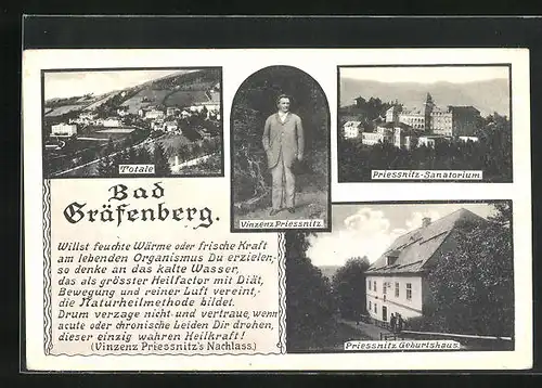 AK Bad Gräfenberg, Priessnitz Sanatorium und Geburtshaus, Portrait Vinzenz Priessnitz