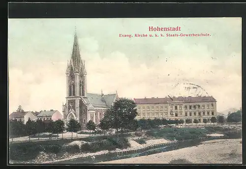 AK Hohenstadt, Evang. Kirche und k. k. Staats-Gewerbeschule