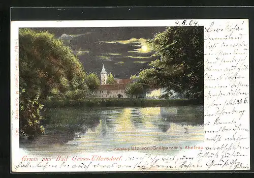 AK Gross-Ullersdorf, Schlossblick übers Wasser bei Vollmond