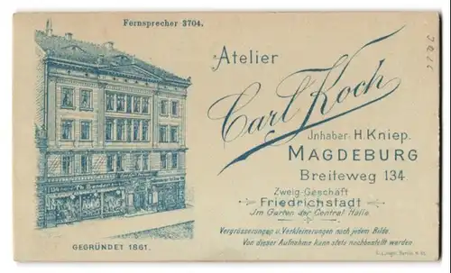 Fotografie Carl Koch, Magdeburg, Ansicht Magdeburg, Foto-Atelier im Breiteweg 134, Rückseitig Soldaten-Portrait
