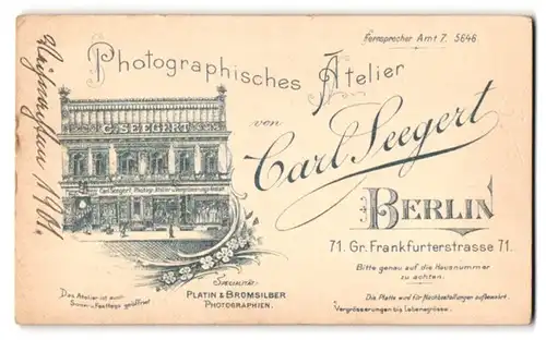 Fotografie Carl Seegert, Berlin, Ansicht Berlin, Photographisches Atelier Gr. Frankfurterstrasse 71