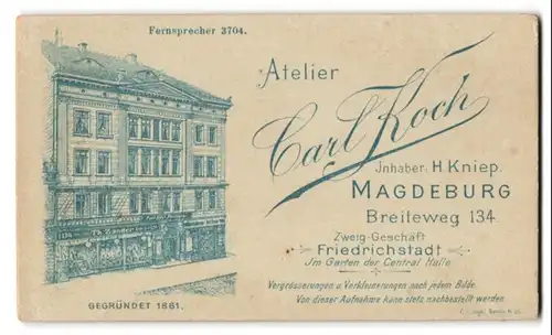 Fotografie Carl Koch, Magdeburg, Ansicht Magdeburg, Breiteweg 134, Foto-Atelier Ladengeschäft mit Schaufenster