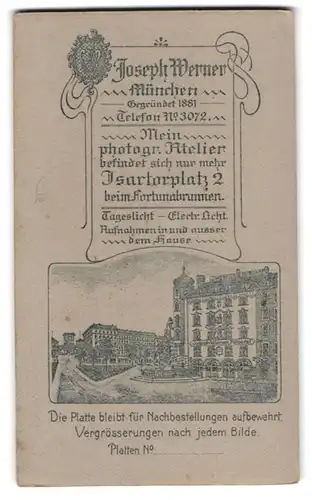 Fotografie Joseph Werner, München, Ansicht München, Foto-Atelier Isarthorplatz 2, Rückseitig Soldat mit Krätzchen