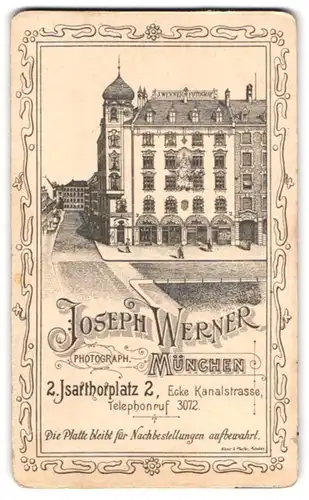 Fotografie Joseph Werner, München, Ansicht München, Foto-Atelier am Isarthorplatz 2, Rückseitig Damen-Portrait