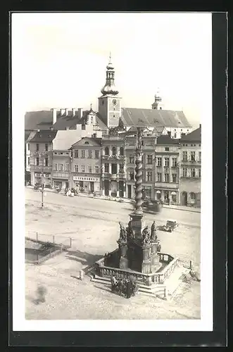 AK Broumov, Kirche und Denkmal aus der Vogelschau