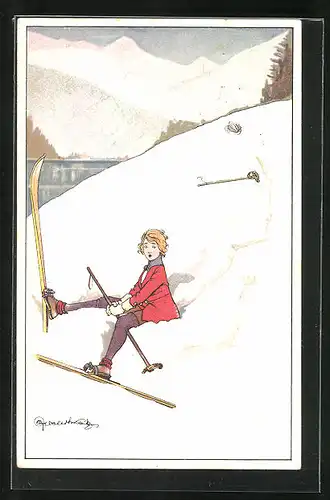 Künstler-AK sign. Hebbletwaite: Skifahrerin sitzt verdutzt im Schnee