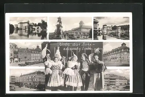 AK Bad Podiebrad / Podebrady, Ortsansicht, Strassenpartie, verschiedene Stadtansichten, Einwohner in Tracht