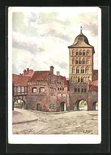 Künstler-AK Lübeck, Blick zum Burgtor