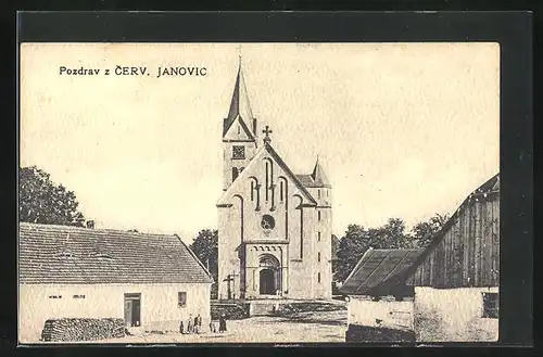 AK Cervene Janovice, Blick zur Kirche