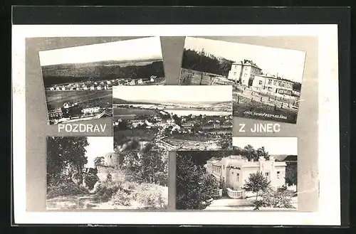 AK Jince, Gesamtansicht und vier weitere Ansichten aus der Ortschaft