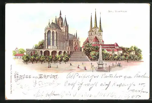 Lithographie Erfurt, Dom und Severikirche