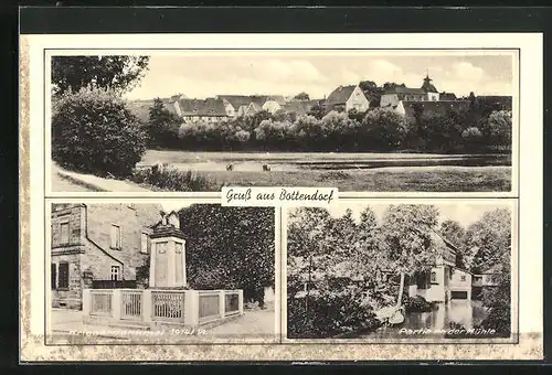 AK Bottendorf, Ortsansicht, Partie an der Mühle, Kriegerdenkmal 1. Weltkrieg