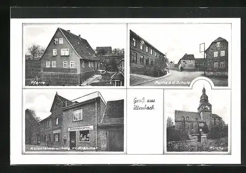 AK Utenbach, Partie an der Schule, Kirche, Pfarre, Kolonialwarenhandlung Krähmer