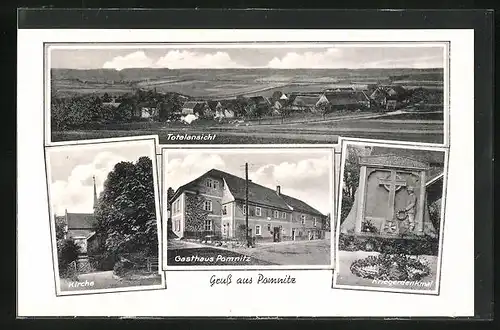 AK Pomnitz, Totalansicht, Kirche, Gasthaus und Kriegerdenkmal