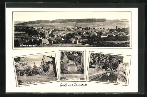 AK Farnstedt, Totalansicht, Partie mit Kirche, Denkmal 1914 /18, am Dorfteich