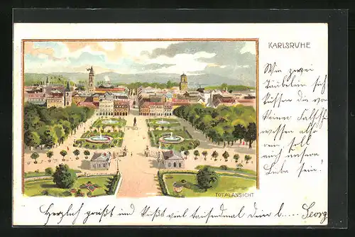 Lithographie Karlsruhe, Totalansicht aus der Vogelschau