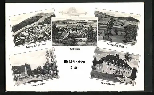AK Wildflecken /Rhön, Ortsansicht, Kommandantur, Kantinenstrasse, Dammersfeld-Rückberg, Ressberg und Kippelbach