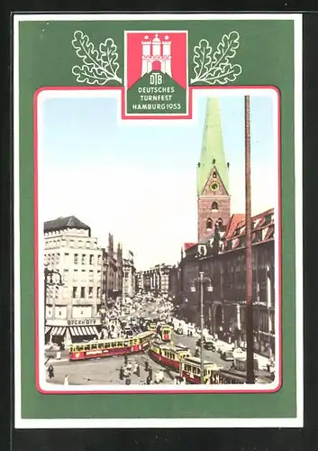 AK Hamburg, Deutsches Turnfest 1953, Geschäftsstrasse mit Strassenbahnen