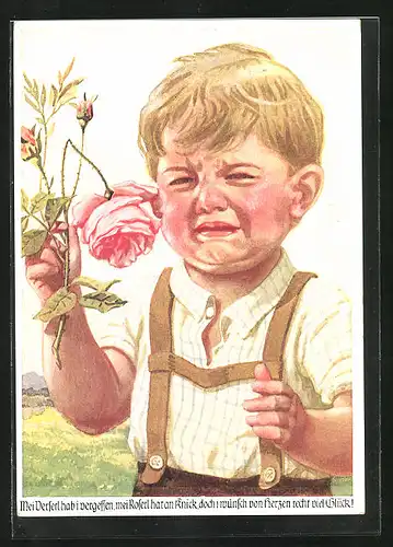 AK Weinender Junge mit geknickter Rose