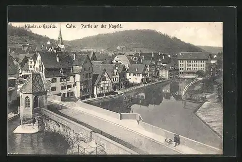 AK Calw, Ortspartie mit Brücke und Nagold