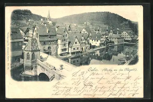 AK Calw, Ortsansicht mit Blick auf Brücke und Nagold